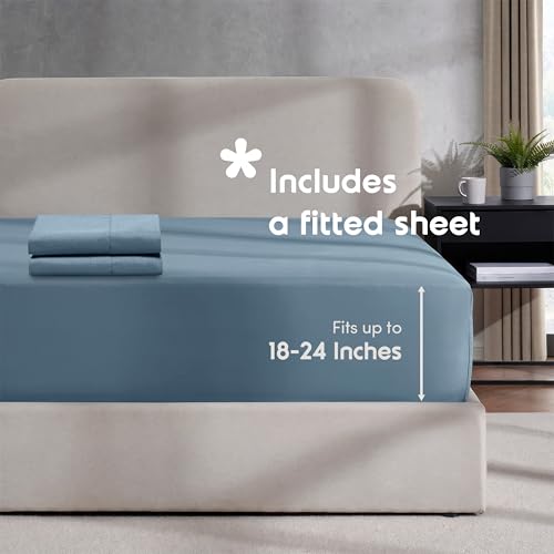 Image of Hearth & Harbor Stone Blue Duvet Cover with Fitted Sheet King Size | 4 Piece Soft Double Brushed Bedding Set, Button Closure, 1 Duvet Cover 104x90 Inches, 1 Fitted Sheet, 2 Pillow Shams