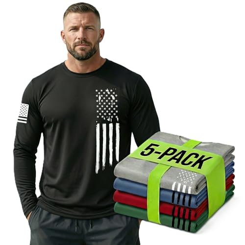 XWC 5 Pack Mens Long Sleeve T Shirts - Distressed American Flag Patriotic Graphic Tees Quick Dry Athletic Work Tops (US Alpha Small Regular Regular Green/Grey/Black/Red/Blue)