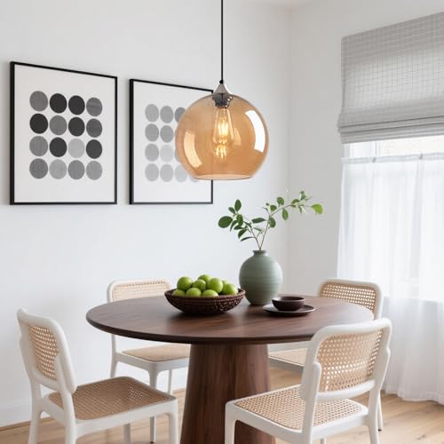 Image of Amber Glass Pendant Lights Kitchen Island Globe Pendant Light Fixtures Modern Pendant Lighting for Bedroom Living Dining Room Light Fixture (9.84 in, 3 Pack)