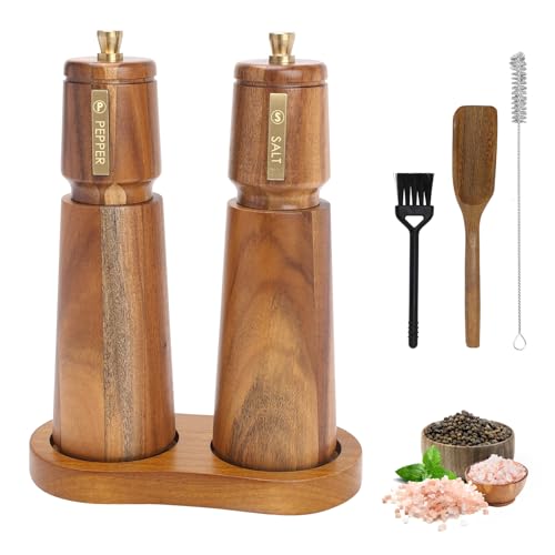 Foyucool Wooden Salt and Pepper Grinder Set with Brush and Spoon, 8 inch Manual Salt and Pepper Mill, Adjustable Coarseness, Refillable Pepper Grinder with Ceramic Core for Kitchen, Brown+Brown