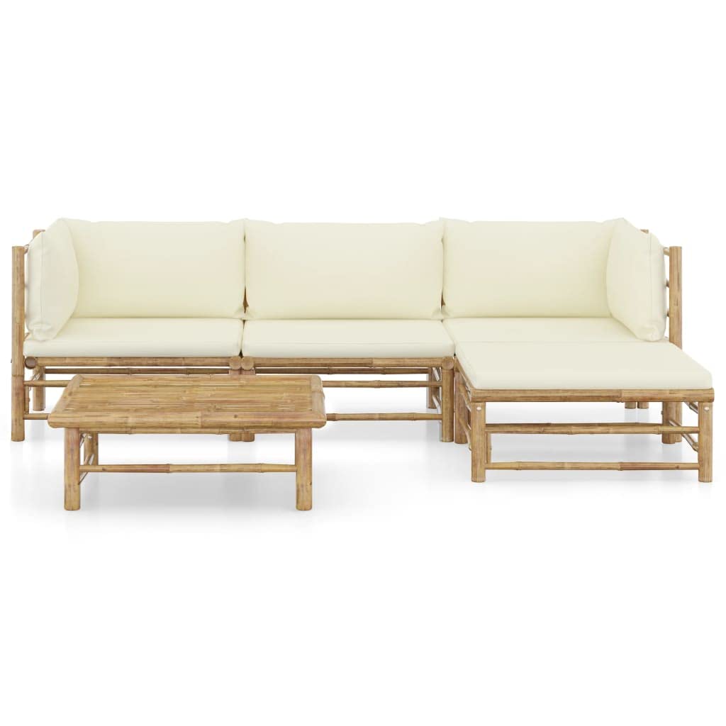 Juego de muebles de jardín modulares de bambú de 5 piezas con cojines de color blanco crema, fundas de almohada acolchadas gruesas, extraíbles y lavables con cremallera, fáciles