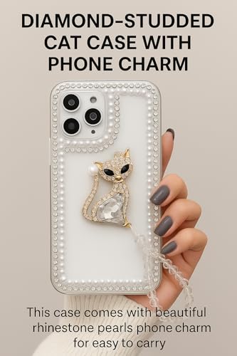 Image of COVERLY Luxury 3D Rhinestone Pearl Diamond Bling Kitty Phone Case for iPhone 15 Pro Max - Sparkle DIY Handmade Crystal Design, Soft Fashion Protective Case with Adorable Phone Charm for Women & Girls