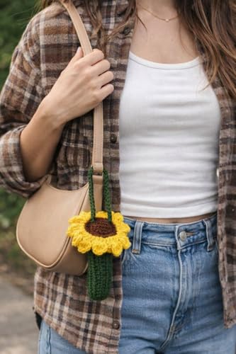 Image of Handmade Crochet Sunflower Lipstick Holder for Purse | Cute Lip Balm Holder Keychain | Bag Charm Accessory for Women & Girls
