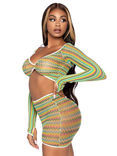 Image of Leg Avenue womens 2 Pc Zig Zag Net Gauntlet Sleeve Crop Top and Mini Skirt Set