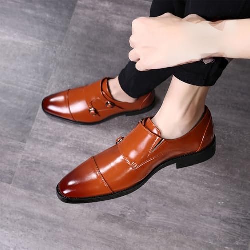 Double Buckle Monk Shoes Almond Toe Glossy Brown Leather Dress Shoes for Men Formal Occasion Footwear Banquet Shoes for Wedding2