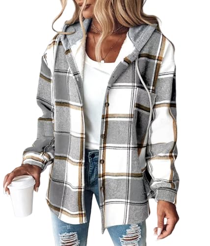 Women's Plaid Hooded Button-Down Shirt Jacket, Long Sleeve Flannel Check Pattern, Casual Fall Winter Outerwear