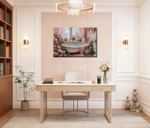 Image of Frimeeme Vintage Pink Roses Bathtub Floral Framed Canvas Wall Art 16x24