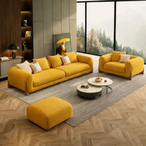 Image of Modern Sofa, Teddy Fabric, Chesterfield Style, Wooden Legs, for Living Room, Bedroom, Hallways (3+1+Ottoman, Mustard)