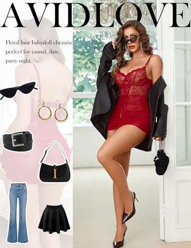 Avidlove Women's Lingerie Sexy Lace Nightwear Spaghetti Strap Nightgown Babydoll Chemise (Dark Red, Small) - image 5
