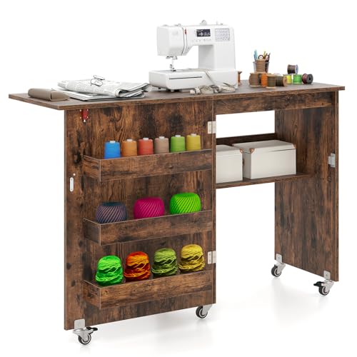 COSTWAY 2 en 1 Mesa Maquina de Coser Plegable, 116x40.5x78cm, Mueble Maquina Coser con 3 Compartimientos Ocultos y Estante, Escritorio Móvil con 5 Ruedas Bloqueables, Ahorro de Espacio (marrón)