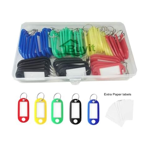 50 x Key Tags with Labels, Key Rings with Tags, Key Fobs with Labels, Name Tags, Plastic Key Labels, Spare Papers, in Handy Box, 5 Colours, for Luggage, ID, Name, Label for Home, Office, School Cover