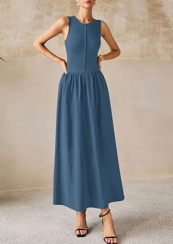 Image of PRETTYGARDEN Maxi Dresses for Women 2026 Summer Casual Sleeveless Patchwork Flowy Vacation Sundress Knit Long Work Tank Dress