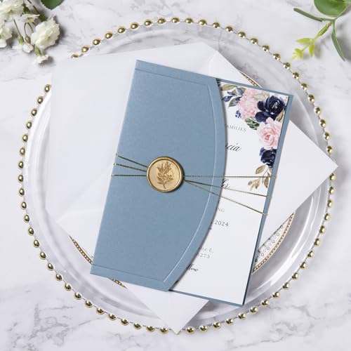 PONATIA 20PCS Wedding Invitation Cards Kits - 5x7 Wrap Pocket Invitation Cards with Envelopes, Gold Wax Seals, Ribbons For Weddings, Baby Shower, Birthday, XV Anos, Quinceanera Invitation (Dusty Blue) by ponatia - Image 5