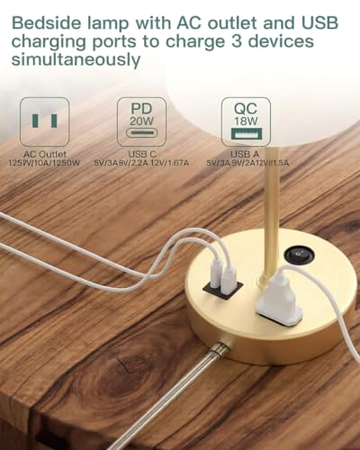 Image of Addtam Bedroom Table Lamp, Bedside Lamp with AC Outlet and USB C Charging Ports(PD 20W), 3-Way Dimmable Lamp with Switch, Lamps with Shade for Night Stands, Living Room, Desk, and Home Office, 6.5Ft