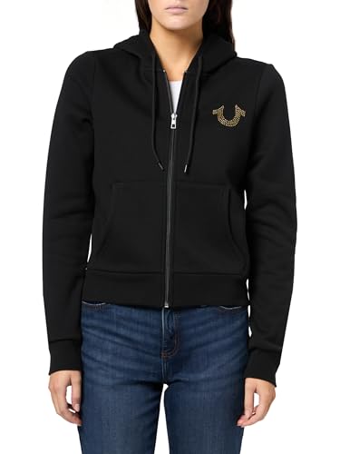 True Religion Women’s TR Crystal Zip Hoodie – Full-Zip Fleece Hoodie with Crystal Logo- Jet Black, M