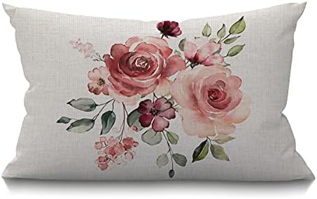 Smooffly Flower Throw Pillow Cover Flower Floral Leaf Buds Pillow Case Waist Lumbar Red Cotton Linen Throw Pillow case Cushion Cover Sofa Home Decorative Rectangle Oblong 12x20 Inches