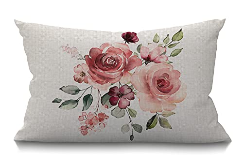 Smooffly Flower Throw Pillow Cover Flower Floral Leaf Buds Pillow Case Waist Lumbar Red Cotton Linen Throw Pillow Case Cushion Cover Sofa Home Decorative Rectangle Oblong 12X20 Inches #TOP22