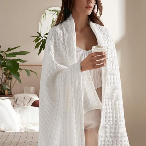 Image of PHF 100% Cotton Waffle Throw Blanket for Couch, Lightweight Breathable and Soft for Summer, Luxury Aesthetic Waffle Weave Blanket for Home Decor & Office, Gifts for Women, 50 inchx60 inch, White