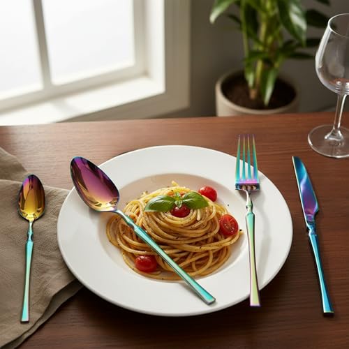 Image of Elegant Handle Rainbow 4 Pcs Stainless Steel Cutlery Set for Dining Table, Dishwasher Safe Glossy Flatware (1 Spoon Set+1 Forks Set+1 Butter Knife+1 Dessert Spoon)