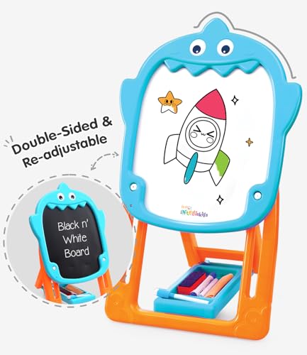 Image of Intelliskills Premium Double-Sided Tabletop Easel Board for Kids, Adjustable Writing Black & White Chalk Board with Duster, Chalk for Kids,Marker & Small Dusting Cloth,BIS Certified,2+Years,Ideal Gift