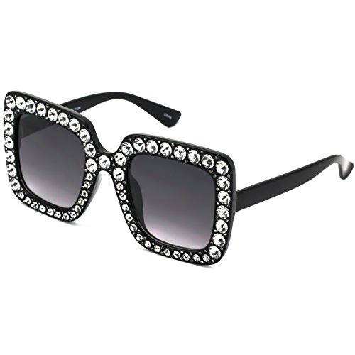 FLAWLESS Oversized Square Frame Bling Rhinestone Crystal Design Sunglasses For Women (Black)