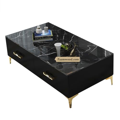 Image of Furo Premium Marble-Top Wooden Center Table for Living Room | PVD Coating Iron Legs| Modern Entryway Furniture | Coffee Table - 42x24x17 Inch (Black)