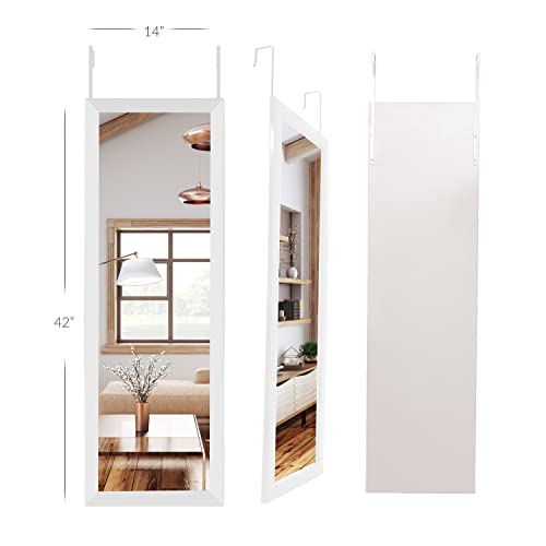 Mirrorize Full Length Over The Door, Long Door Hanging Large Mirrors For Wall Full Body, Shatterproof Tall Floor Mirror, 42"X14", White #TOP3