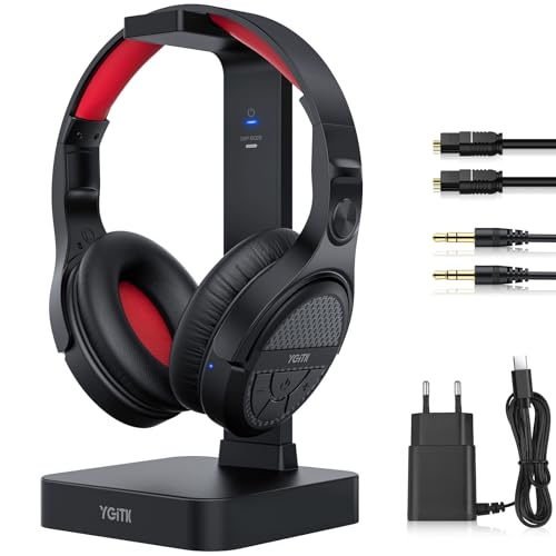 YGiTK Casque sans Fil pour Télévision avec Station de Charge Émetteur RF 2,4 GHz Casque Supra-auriculaire avec Câble Optique à 3.5mm, Portée de 30 mètres et Batterie Rechargeable