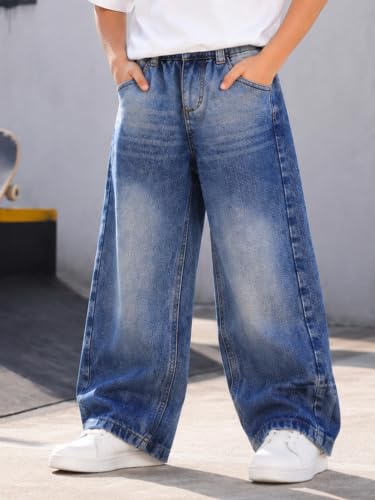 Image of KiddoPanti Boys Baggy Jeans | Stretch Denim Wide Leg Jeans | Elastic Waist Casual Denim Pants | Cotton Blend Loose Fit with 4 Pockets | Kids Street wear | 2-14 Years