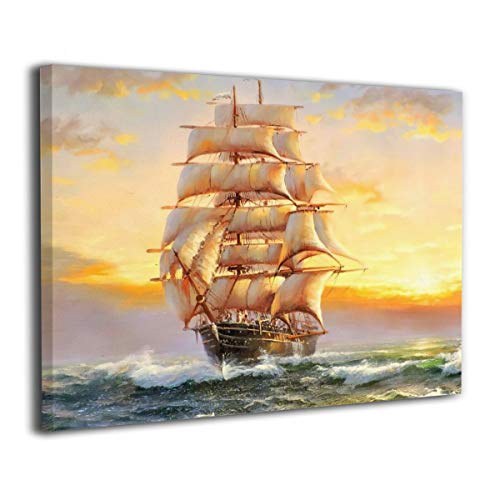 Sailing Boat In Ocean Sunset Painting Canvas Nautical Wall Art vessel Print Framed Modern Picture Hanging For Office Living Room Bathroom Poster artwork 8x12 inch