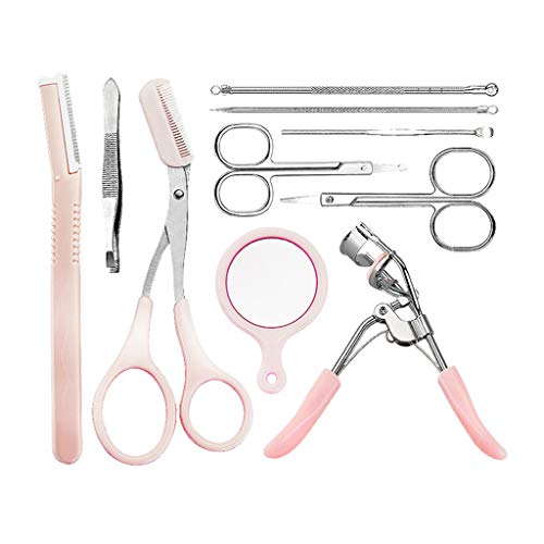 WJood 10PCS Eye Makeup Set Kit,Eyebrow Knives, Eyebrow Comb Scissors,Brow Scissors, Eyebrow Tweezers, Eyelash Curler, Blackhead Removal, Ear Spoon,Mirror For Eyes