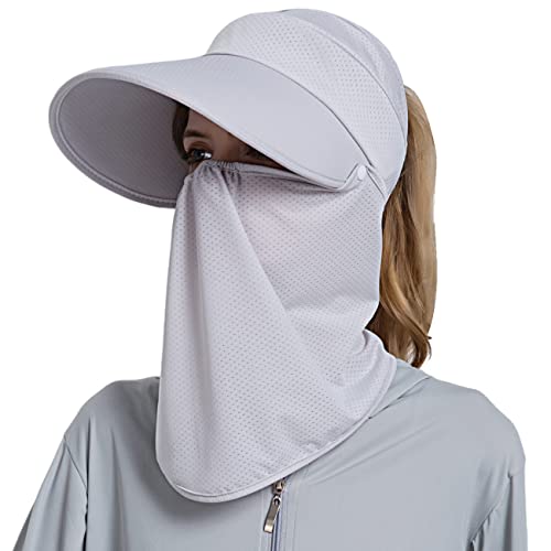 Image of Women Wide Brim Face Mask Sun Hat Detachable Neck Face Flap Ponytail UV Protection Visor Hat Garden Fishing Hiking