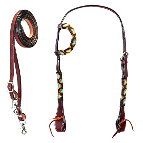 Manaal Enterprises 2 piezas Cruzadas con cuentas de una sola oreja para cabeza y riendas occidentales de cuero premium tallado a mano con herramientas ecuestres Cover