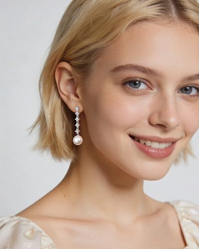 925 Sterling Silver Pearl Dangle Drop Earrings for Women, Handpicked AAA+ Quality 10mm White Pearl Hypoallergenic Earrings, Classic Jewelry Gift for Women(Silver-Clover CZ Cluster) — view 4