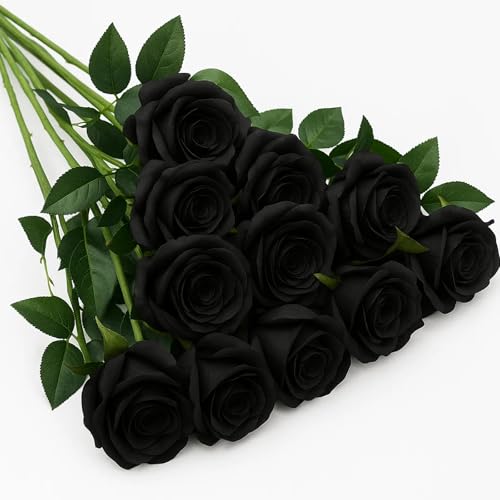 QhgPnt 12 PCS Artificial Roses, Blacks Roses Artificials Flowers, Black Rose Petals, Artificial Flower Art, for Wedding Home Birthday Party Arrangment Garden Decoration (Black)