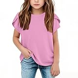 Camisetas de algodón y lino para niñas, diseño de pétalos, manga corta, cuello redondo, color liso, informal, para verano, de 3 a 13 años, rosa, 11-12 años