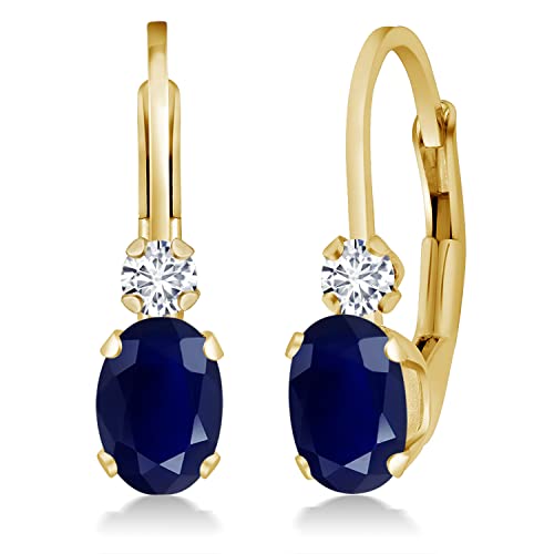 Gem Stone King 14K Yellow Gold Blue Sapphire and White Diamond Leverback Earrings For Women | 1.17 Cttw | Gemstone September Birthstone | Oval 6X4MM, Round 2MM | 3/4 Inch