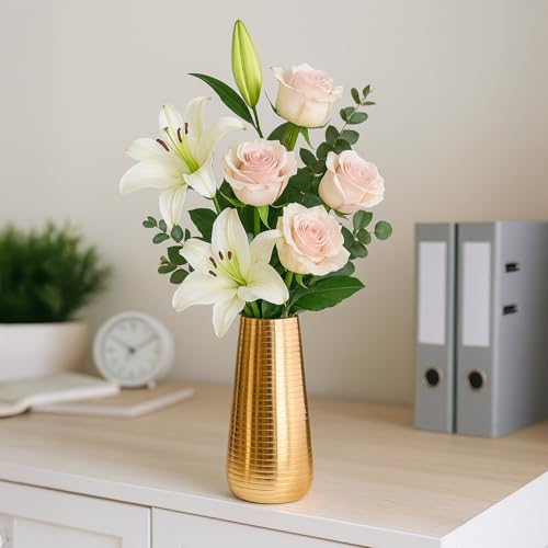 Image of Market99 Golden Metal Flower Holder|Tapered Cylinder Shape Vase with Ribbed Design & Glossy Texture|Decorative Accent for Living Room, Tabletop, Shelf, Office & Gifting|Sleek, Refined & Stylish Decor
