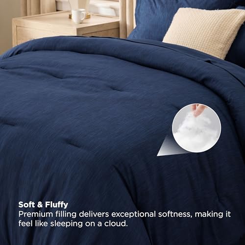 Image of Bedsure Full Comforter Set Navy - Bed in a Bag Full Size Bedding 7 Pieces, Cationic Dyed Bed Set Gift for Family, Navy Soft Bedding for All Seasons Comforter with Sheets, Pillowcases & Shams