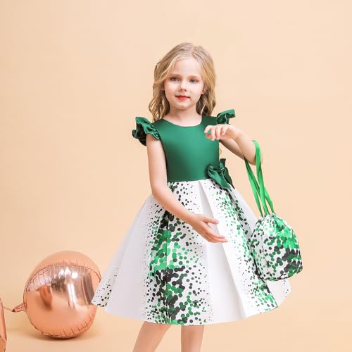 Quenny Christmas girl's dress St. Patrick's Day printed forged cloth dress flounced sleeve party princess dress(Green,130cm(8-9Y))2
