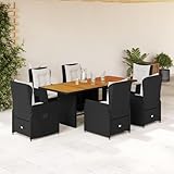Mandloder Garden Dining Set Black Poly Rattan, Acacia Wood Table, 6 Reclining Chairs, Outdoor Patio Furniture for Backyard, Balcony