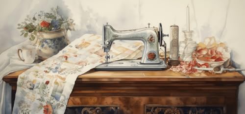 Diamond painting grand format 50x150cm fleur et machine à coudre broderie