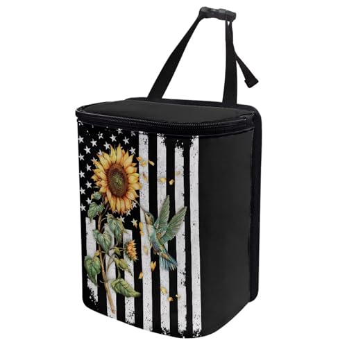 Image of Talayituse American Flag Sunflower Hummingbird Print Car Trash Can with Adjustable Straps, Foldable Car Trash Bag Bin Car Garbage Bag Multipurpose Storage Box for Vehicle Travel Camping Picnicing