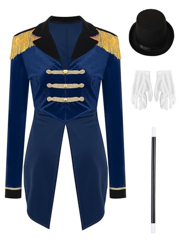 Xnihocha Costume De Directeur De Cirque Pour Femmes Manteau Veste Queue Pie Velours Petite Veste Avec Chapeau Baguette Magique Et Gants Carnaval Costumes Maître Bleu...