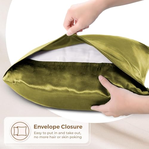 Image of Satin Pillow Covers Set of 2 - Soft & Smooth Pillowcases for Hair & Skin Care | Envelope Closure | Includes 3 Free Random Color Scrunchies | Frizz-Free Sleep Essentials (Olive Green)