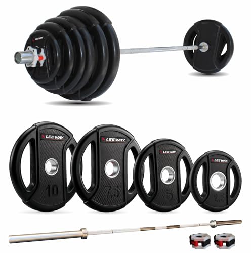 Image of Leeway Olympic Barbell Rod with Plates (100kg Set) | 7ft Chrome Otis Bar 20kg + Weight Plates | 51mm Rubber Coated Olympic Plate | Home Gym Weight Lifting Combo (Black, (2.5kgX4 + 5kgX4 + 7.5kgX4 + 10kgX4))
