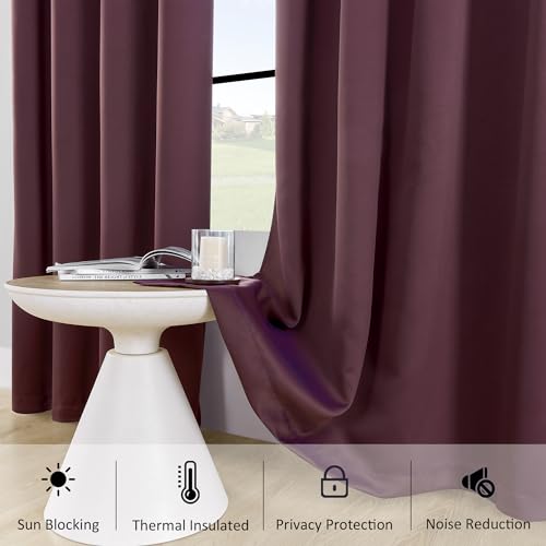 Image of HUTO Blackout Curatins Window Drapes for Bedroom Living Room - Antique Copper Grommet Room Darkening Thermal Insulated Privacy Protect Draperies Curtains, Set of 2, Purple Burgundy Red, 42W x 84L