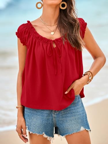 Image of Tankaneo Women Summer Tie Front Tank Tops Cap Sleeve Pleated Babydoll Tops Casual Loose Fit Going Out Flowy Shirt