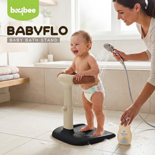 Image of BAYBEE Babyflo Shower Bath Stand for Baby for 0 - 3 Years for Kids | Baby Standing Bath Stand with Adjustable Height & Width | Foldable Kids Bathstand with Shower Holder & Anti-Slip Base (Brown)