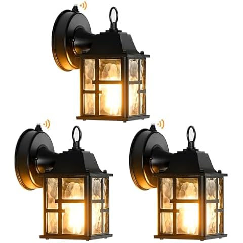 OKELI 3 Pack Dusk to Dawn Outdoor Wall Lights, Exterior Lantern Porch Sconce Lighting Wall Mounted with Water Ripple Glass Shade, Anti-Rust Wall Lamp Outside Lights for House Garage Front Door Patio Cover
